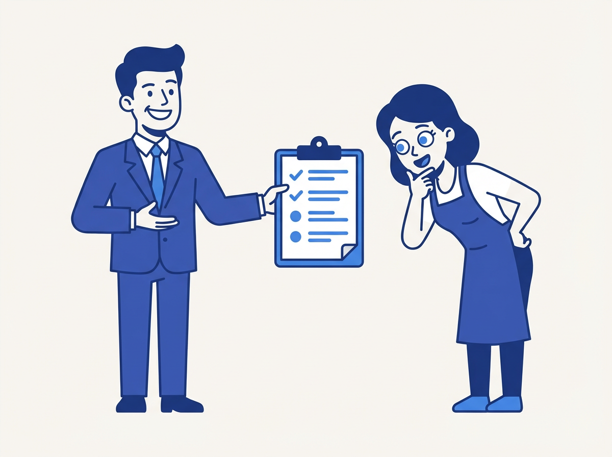 손님 명단 갖고 자신감 있게 영업하는 사원과 솔깃해하는 원장님